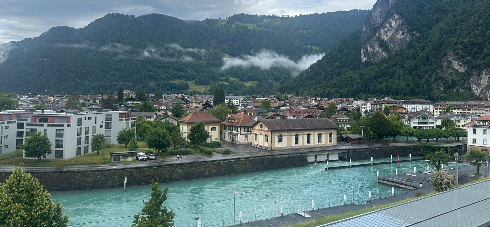 Overlooking a lake and houses in Interlaken, Switzerland.